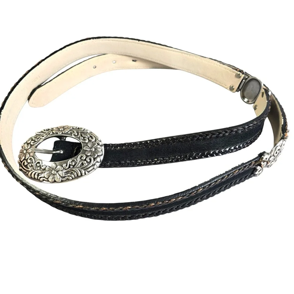 Coldwater Creek Black Leather‎ Braided Belt Silver Floral Buckle Plus Size 2X